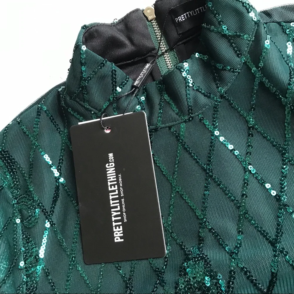 NWT PrettyLittleThing Emerald Green Sequin Fringe Tassel Bodycon Party Dress 2 - Picture 8 of 13